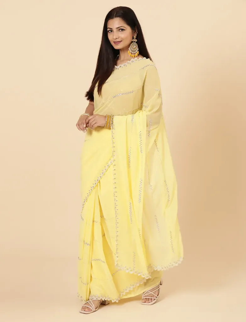 [VC26-SANSA-D17-06] Vervee Couture Soft Pastel Yellow Georgette Saree | Sansa