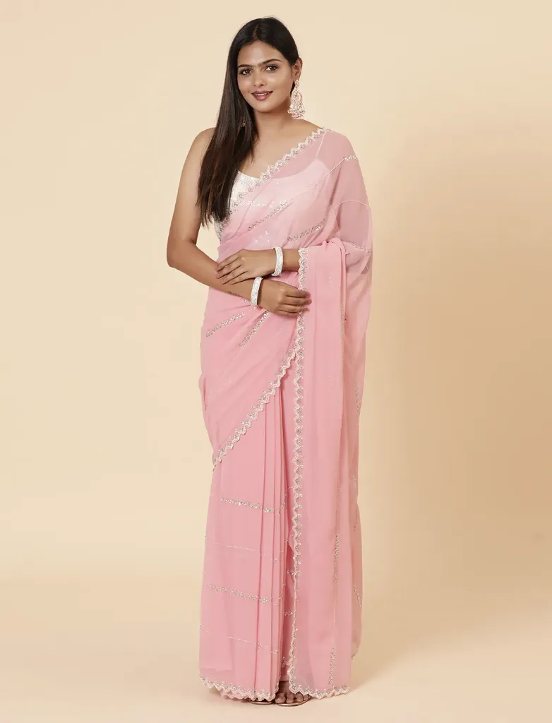 Vervee Couture Soft Rose Pink Georgette Saree | Sansa
