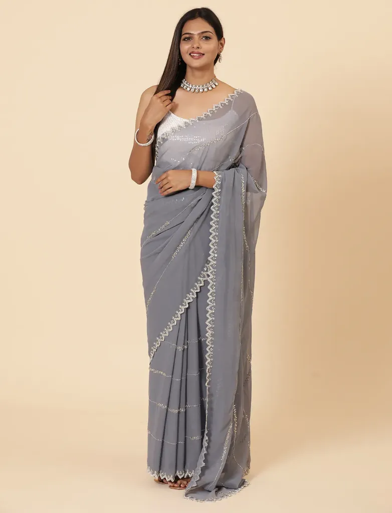 Vervee Couture Soft Stone Grey Georgette Saree | Sansa