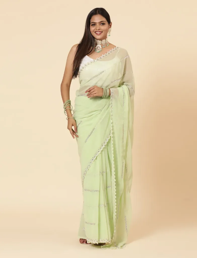 Vervee Couture Soft Pastel Green Georgette Saree | Sansa