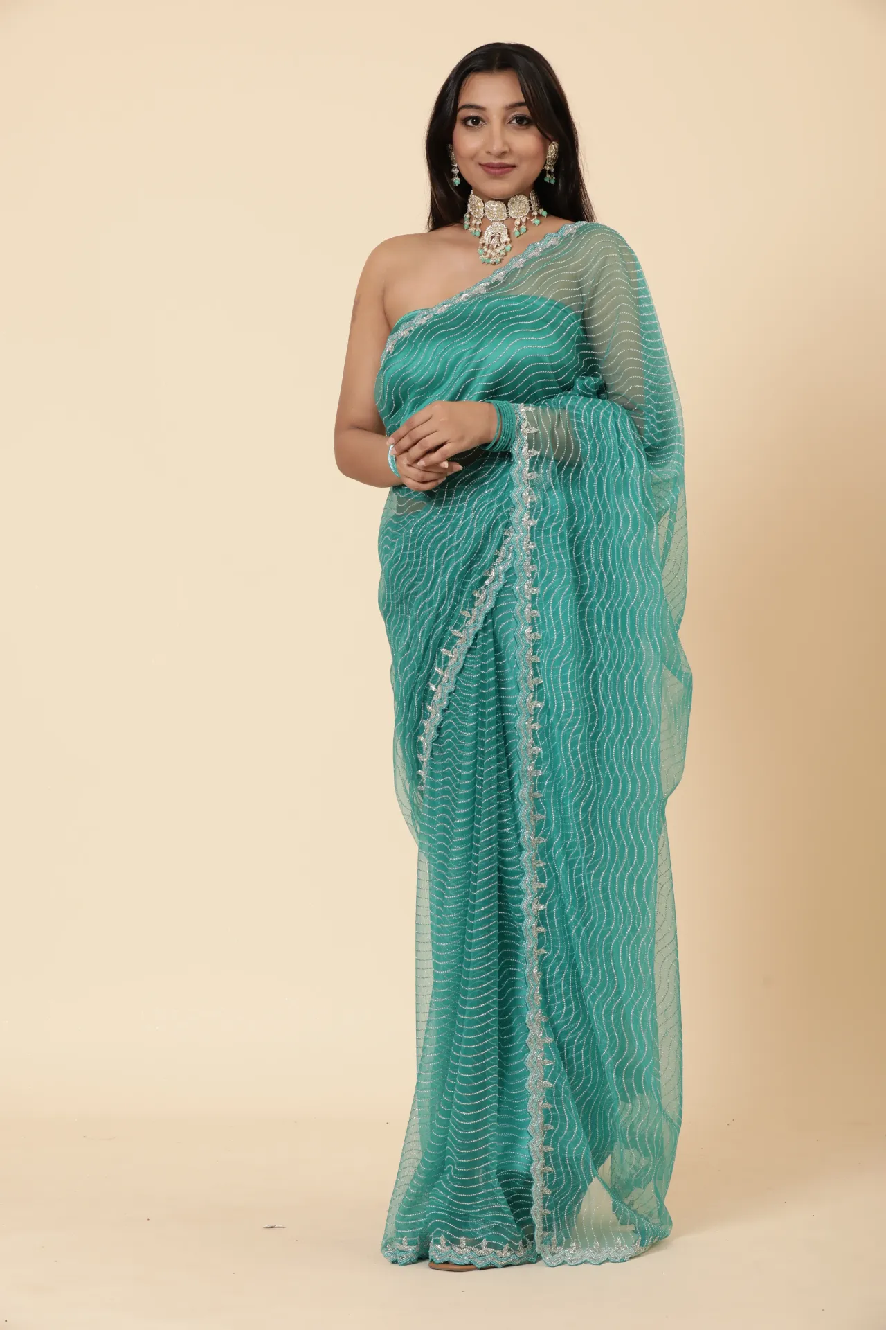 [VC26-INNA-D19-01] Vervee Couture Turquoise Net Saree  | Inna