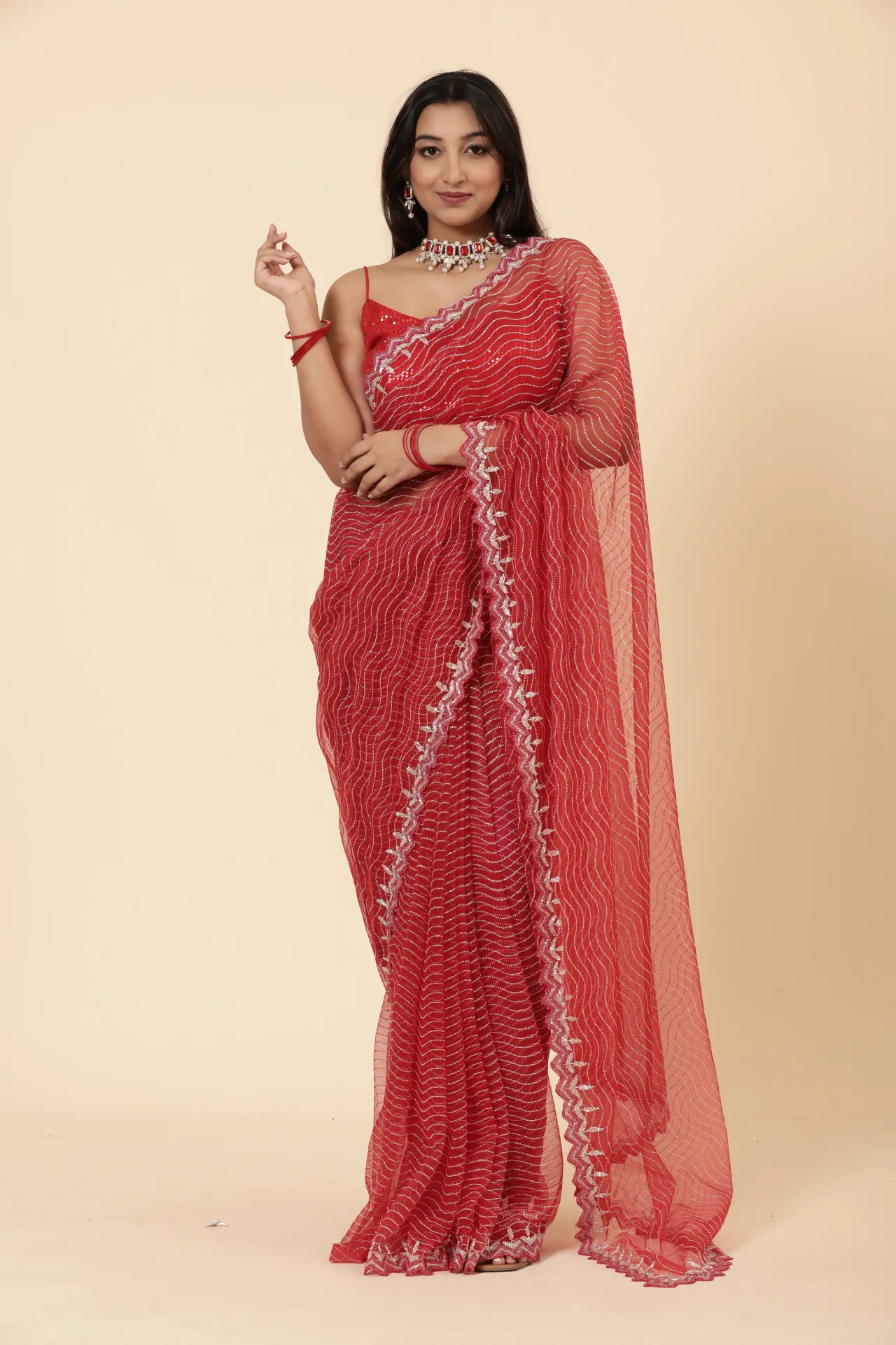 [VC26-INNA-D19-03] Vervee Couture Red Net Saree  | Inna
