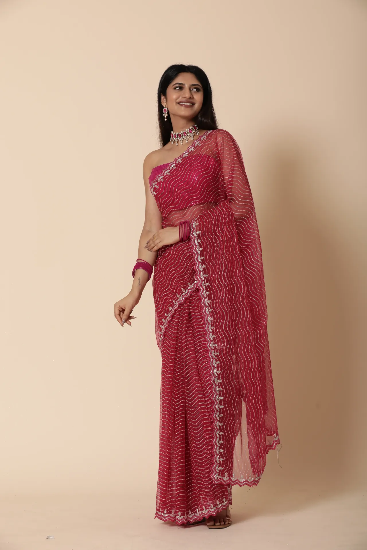 [VC26-INNA-D19-05] Vervee Couture Muted Barn Rose Pink Net Saree | Inna