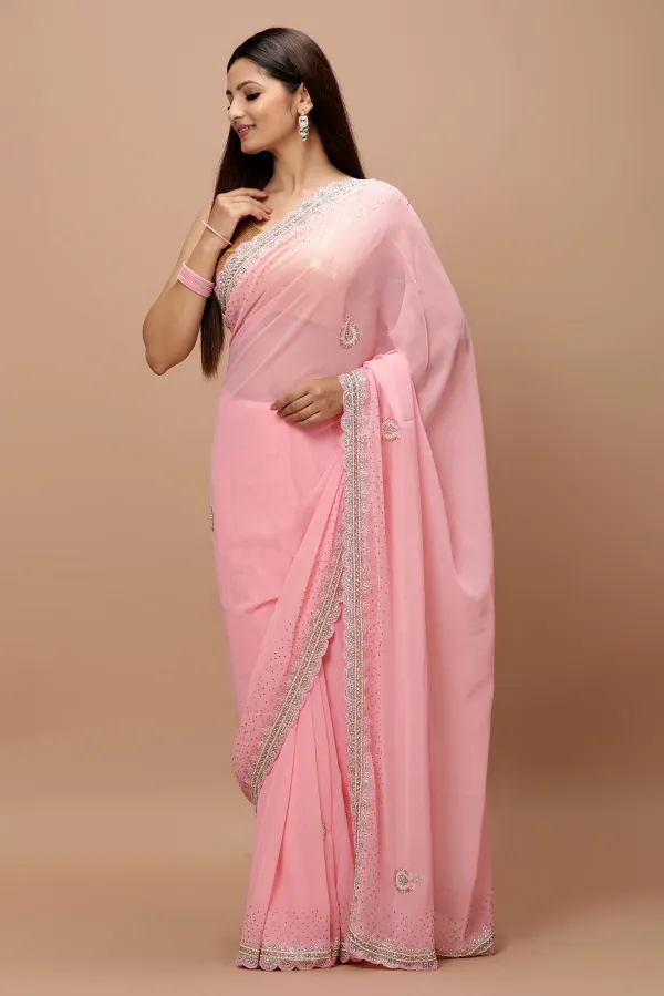 [VC25-MOR-D02-04] Vervee Couture Quartz Pink Georgette Saree | Mor