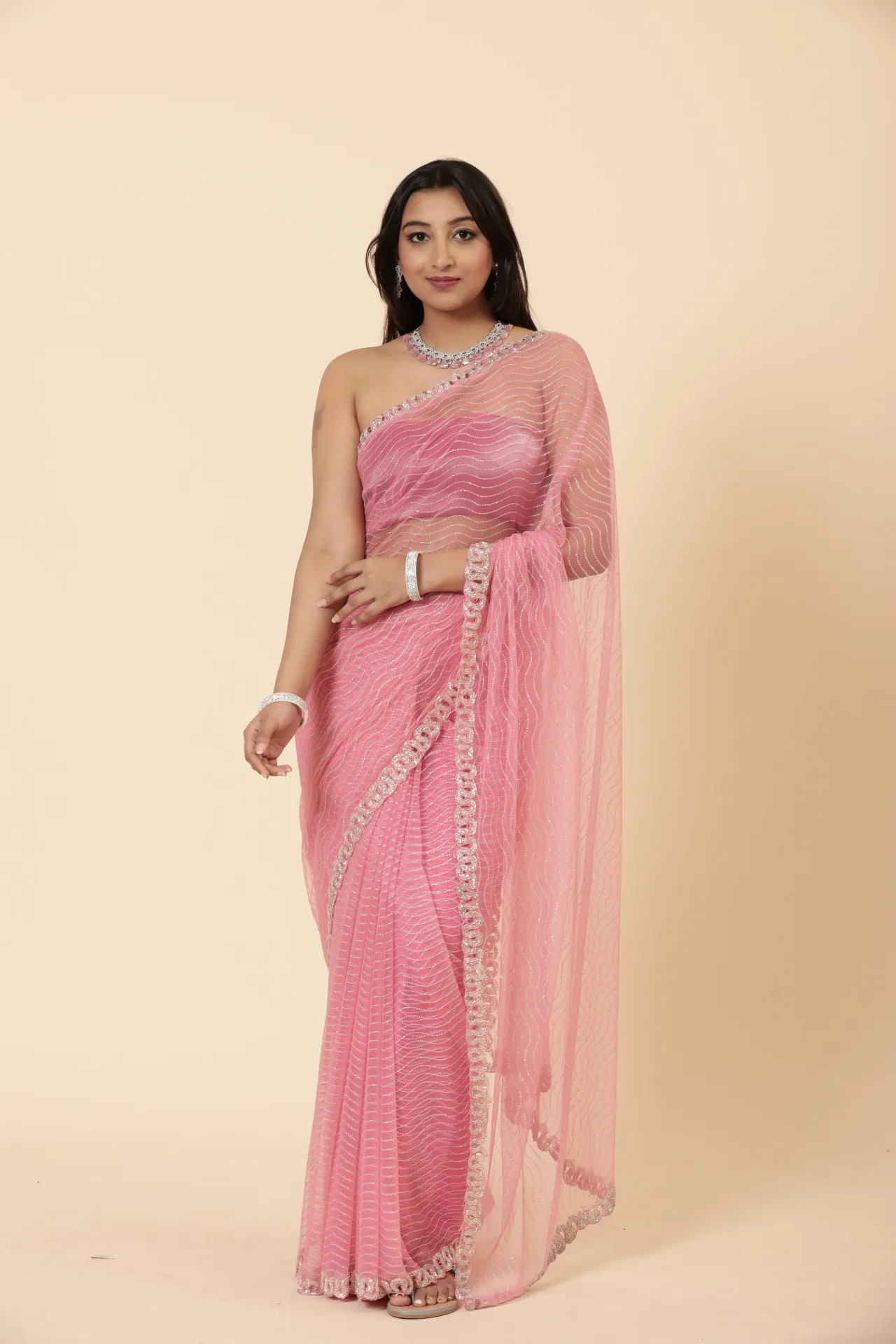 [VC26-AURA-D20-01] Vervee Couture Bubblegum Pink Net Saree | Aura