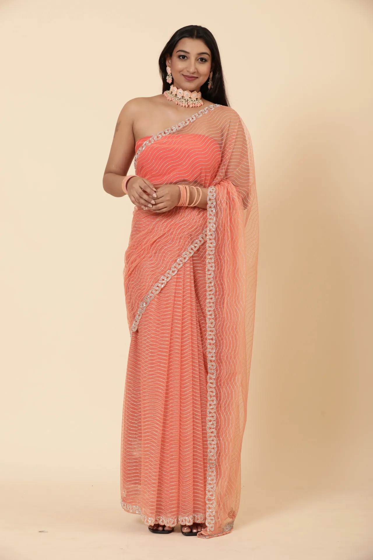 [VC26-AURA-D20-03] Vervee Couture Soft Apricot Tone Net Saree | Aura