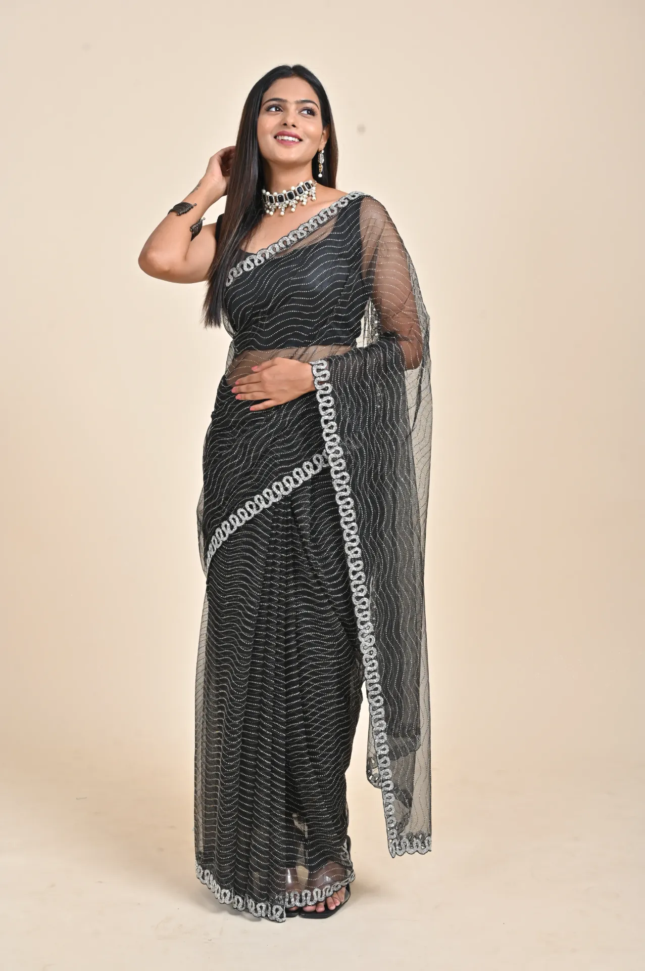 [VC26-AURA-D20-04] Vervee Couture Jet Black Net Saree | Aura