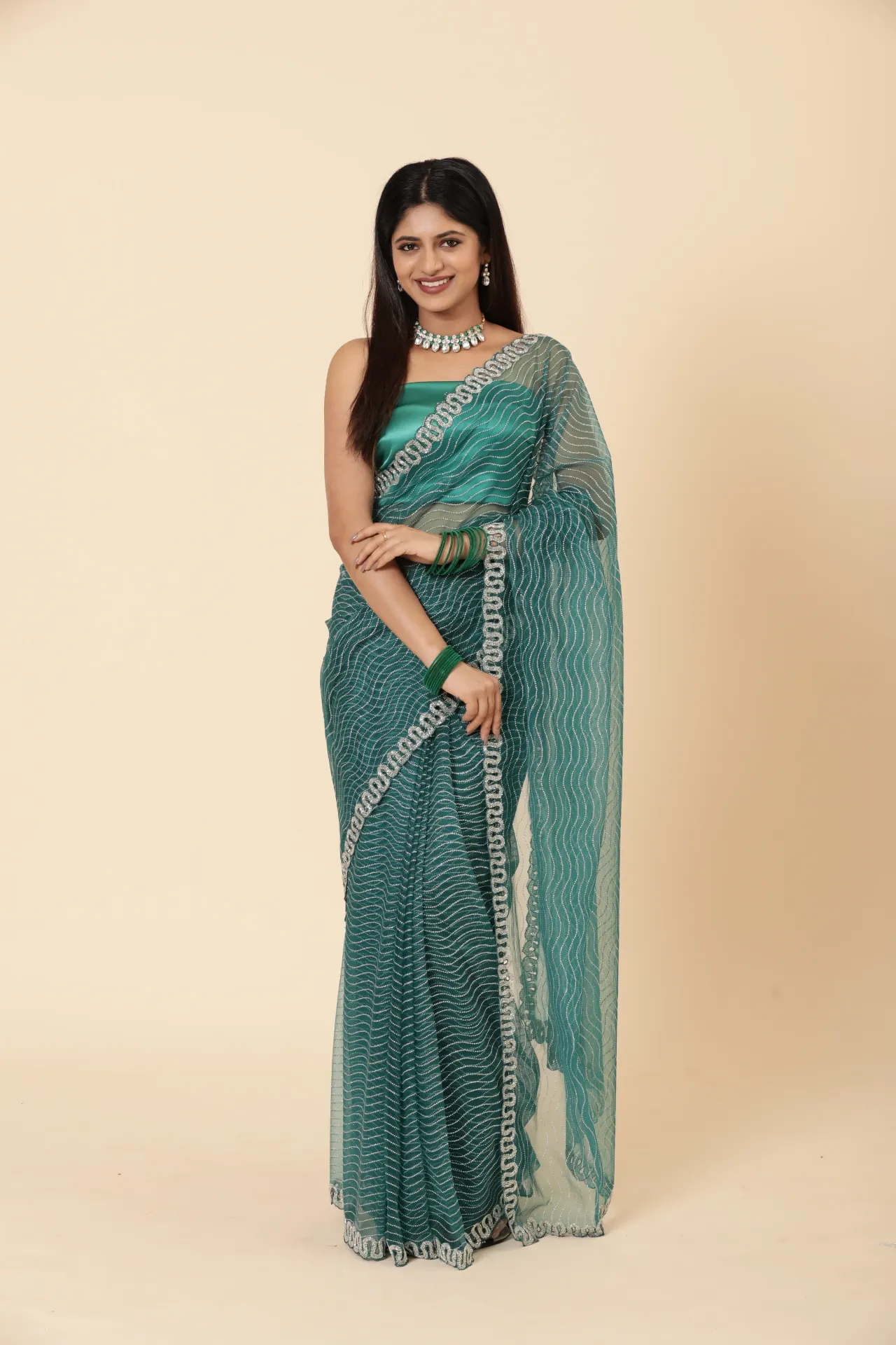 [VC26-AURA-D20-07] Vervee Couture Figey Green Net Saree | Aura