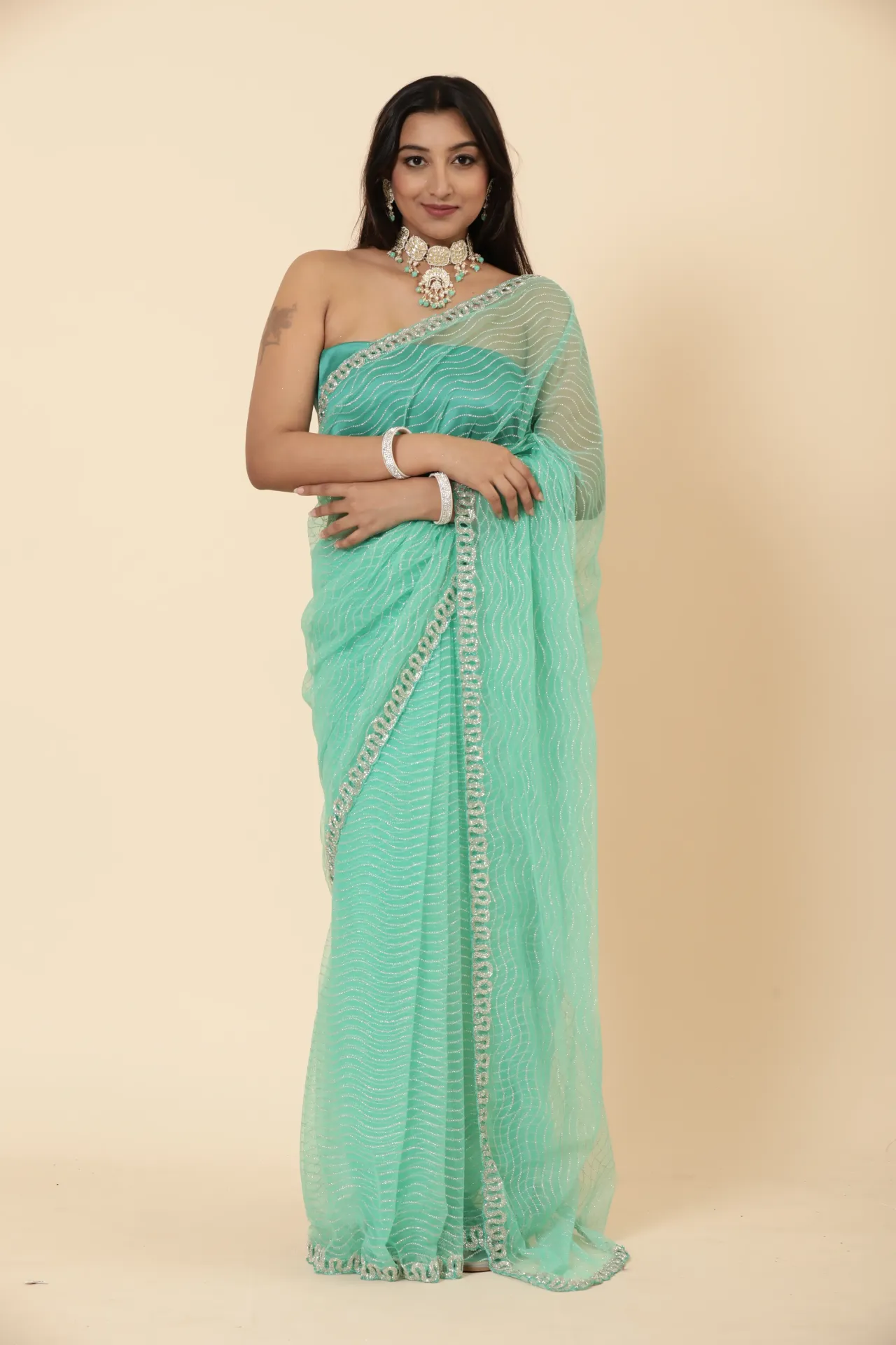 [VC26-AURA-D20-08] Vervee Couture Teal Green Net Saree | Aura