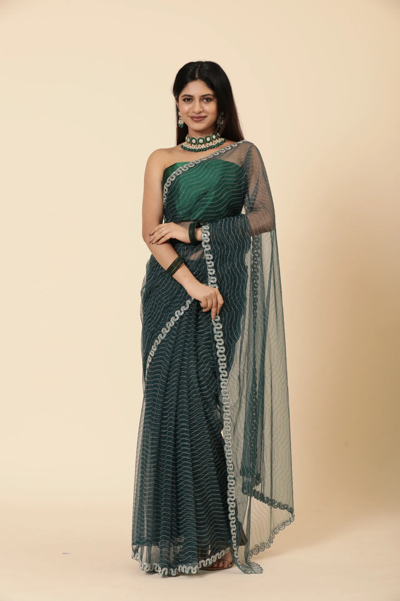[VC26-AURA-D20-09] Vervee Couture Dark Teal Blue Net Saree | Aura