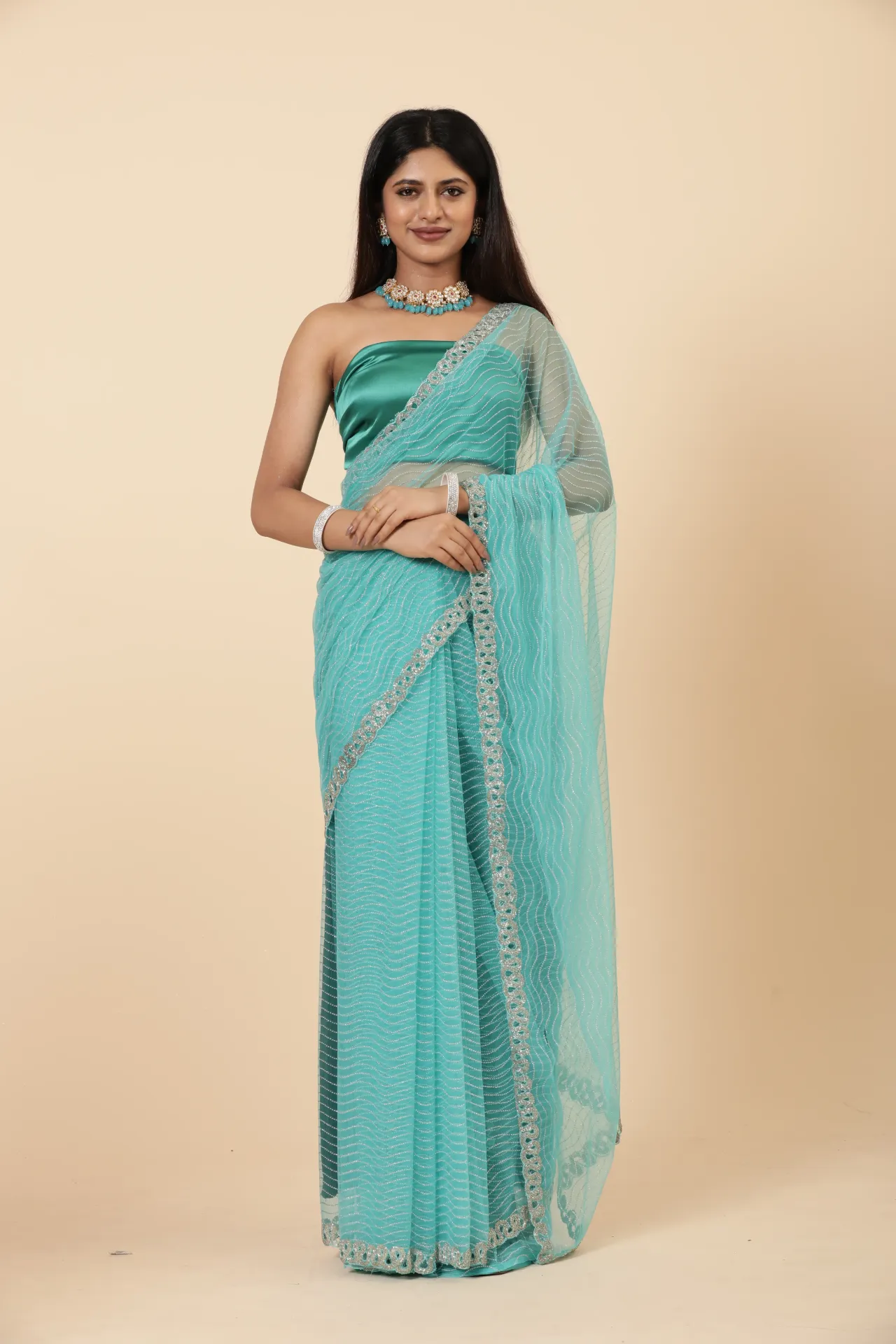 Vervee Couture Dark Perussian Blue Net Saree | Aura
