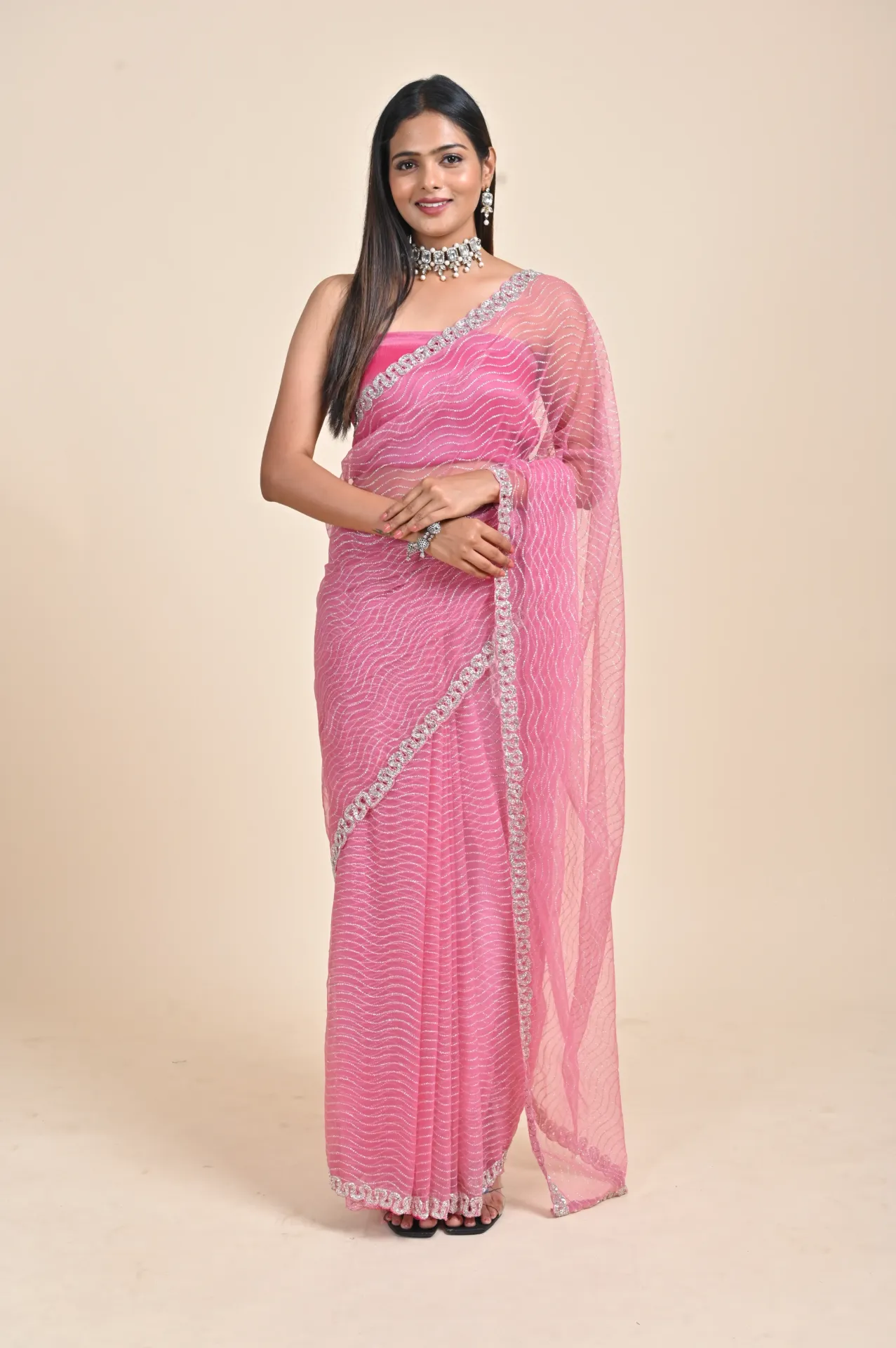 Vervee Couture Barbie Pink Net Saree | Aura