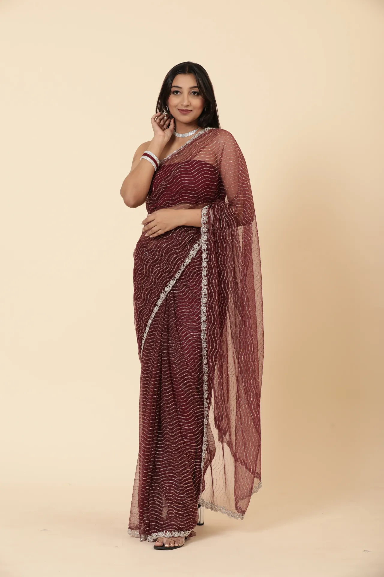 [VC26-TARA-D21-02] Vervee Couture Deep Wine Burgundy Net Saree | Tara