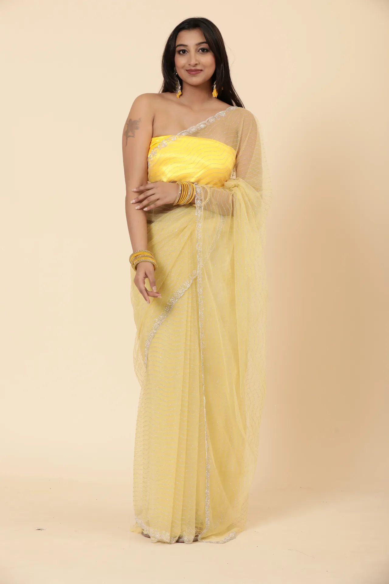Vervee Couture Pastel Yellow  Net Saree | Tara