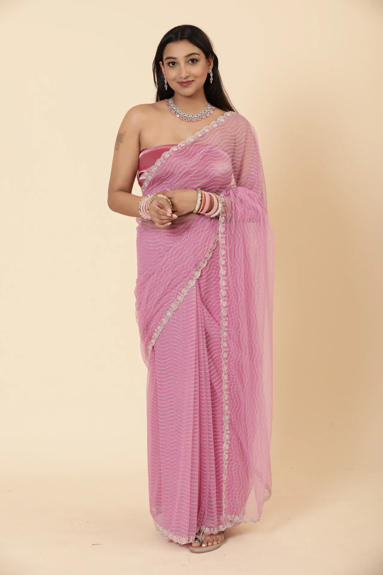 [VC26-TARA-D21-07] Vervee Couture Taffy Pink Net Saree | Tara