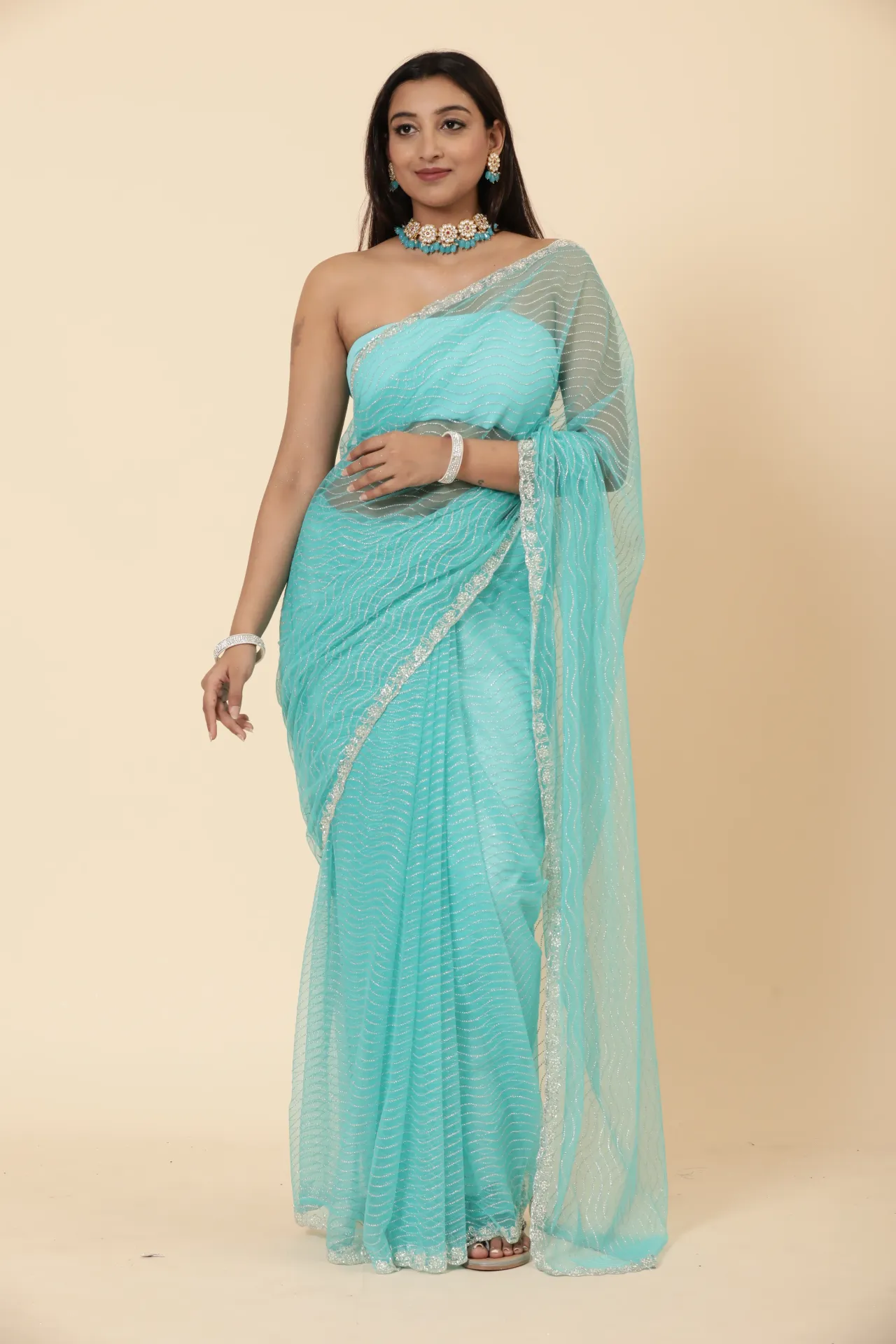 [VC26-TARA-D21-09] Vervee Couture Aquarium Blue Net Saree | Tara