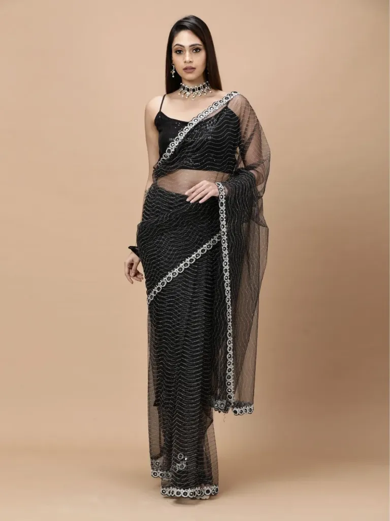 [VC26-ZULF-D22-01] Vervee Couture Black Net Saree | Zulf