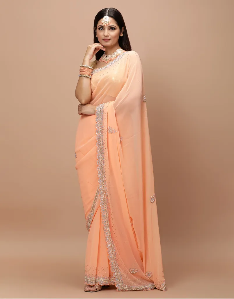 Vervee Couture Warm Apricot Peach Georgette Saree | Mor