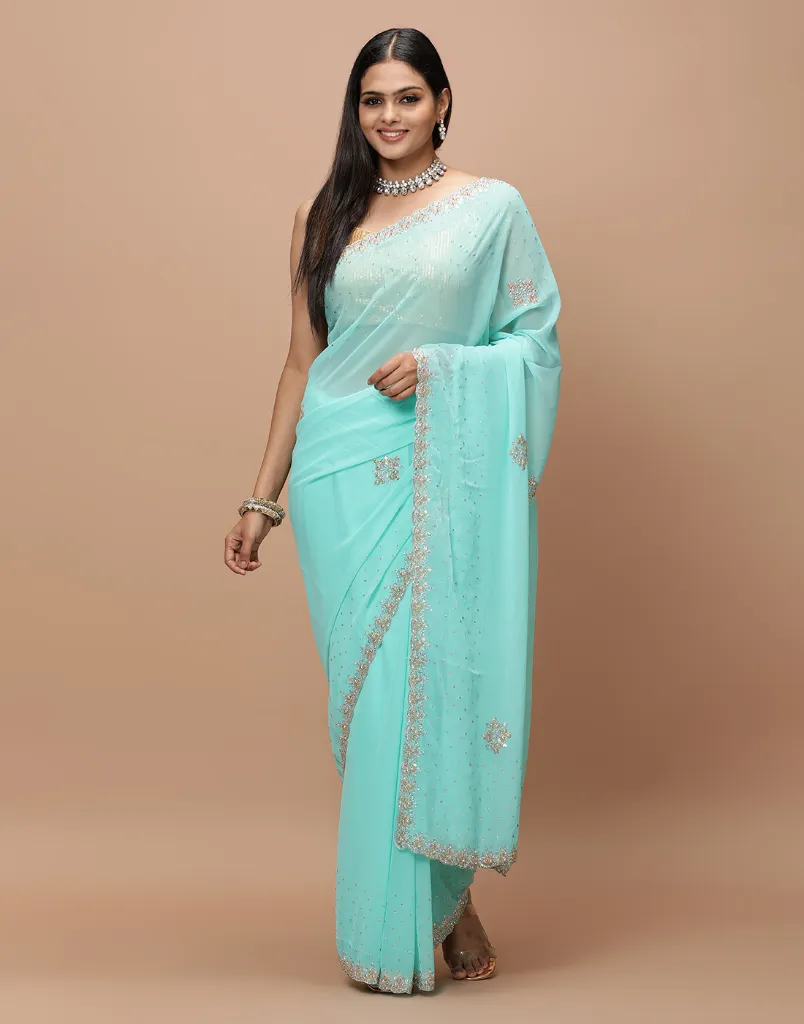 [VC26-MOR-D02-05] Vervee Couture Blue Georgette Saree | Mor