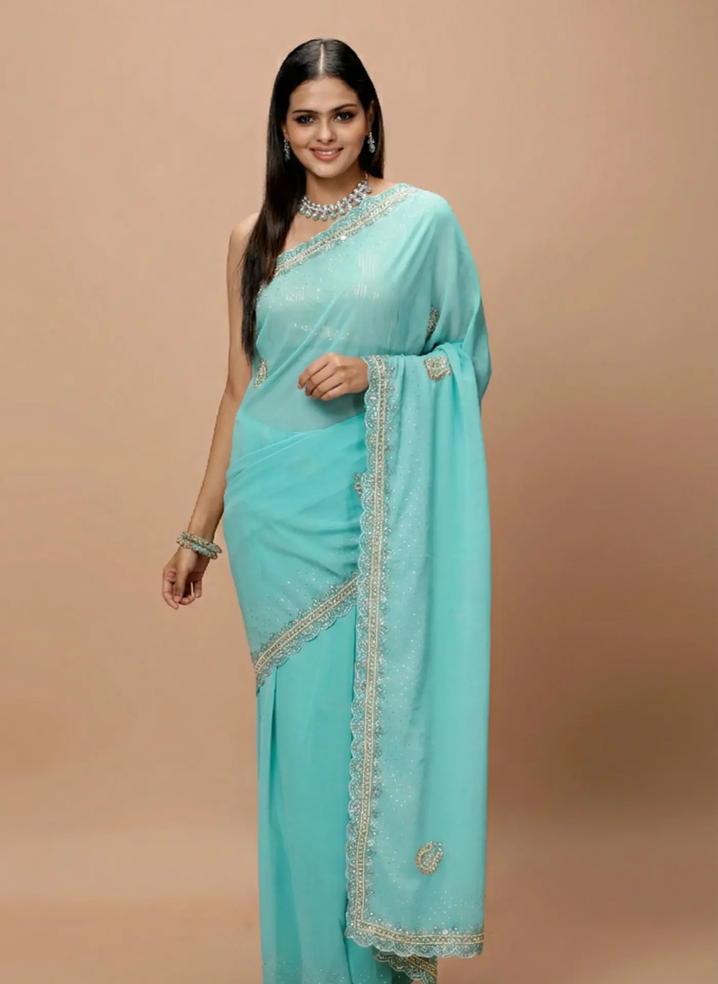 Vervee Couture Soft Aqua Blue Georgette Saree | Mor