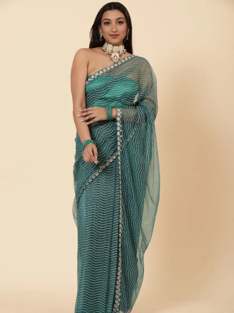 Vervee Couture Deep Teal Green Net Saree | Zulf