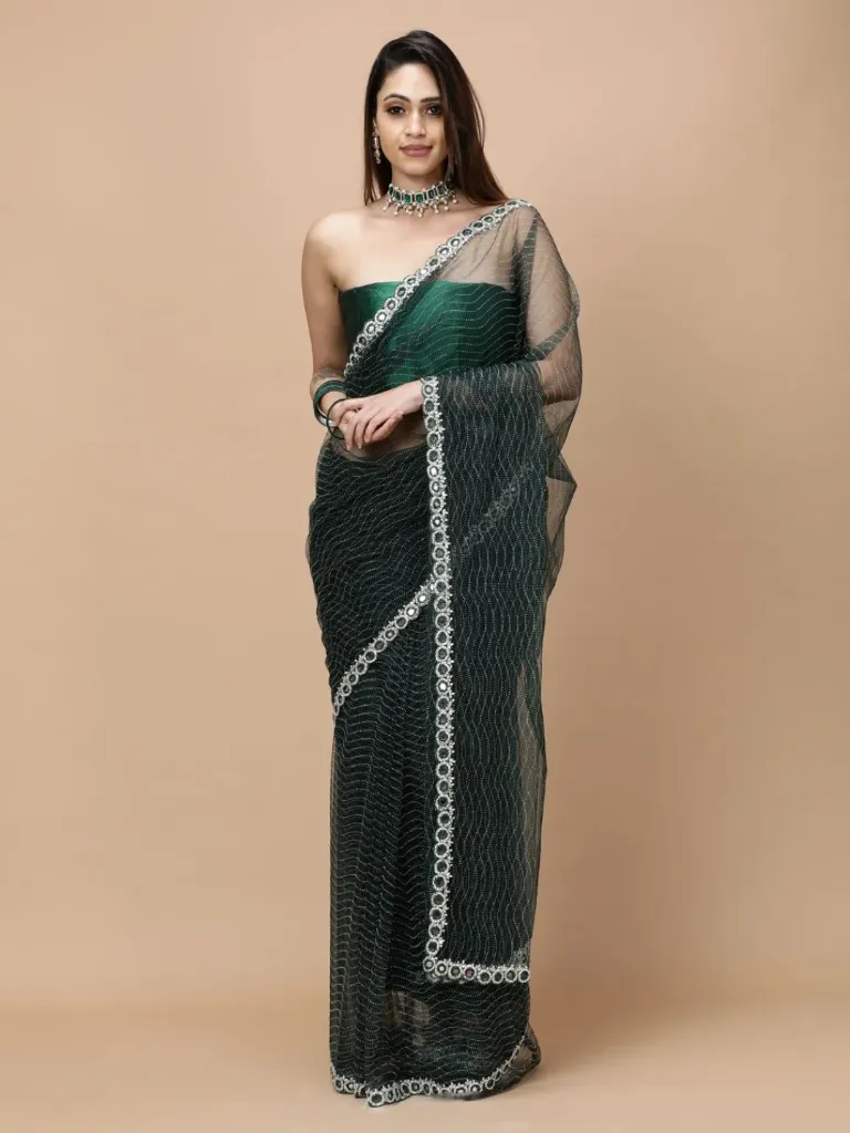 Vervee Couture Rich Emerald Green Net Saree | Zulf