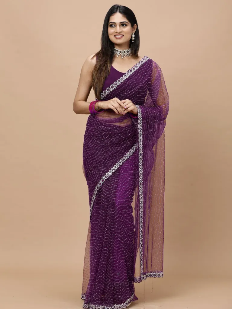 [VC26-ZULF-D22-10] Vervee Couture Mulberry Purple Net Saree | Zulf
