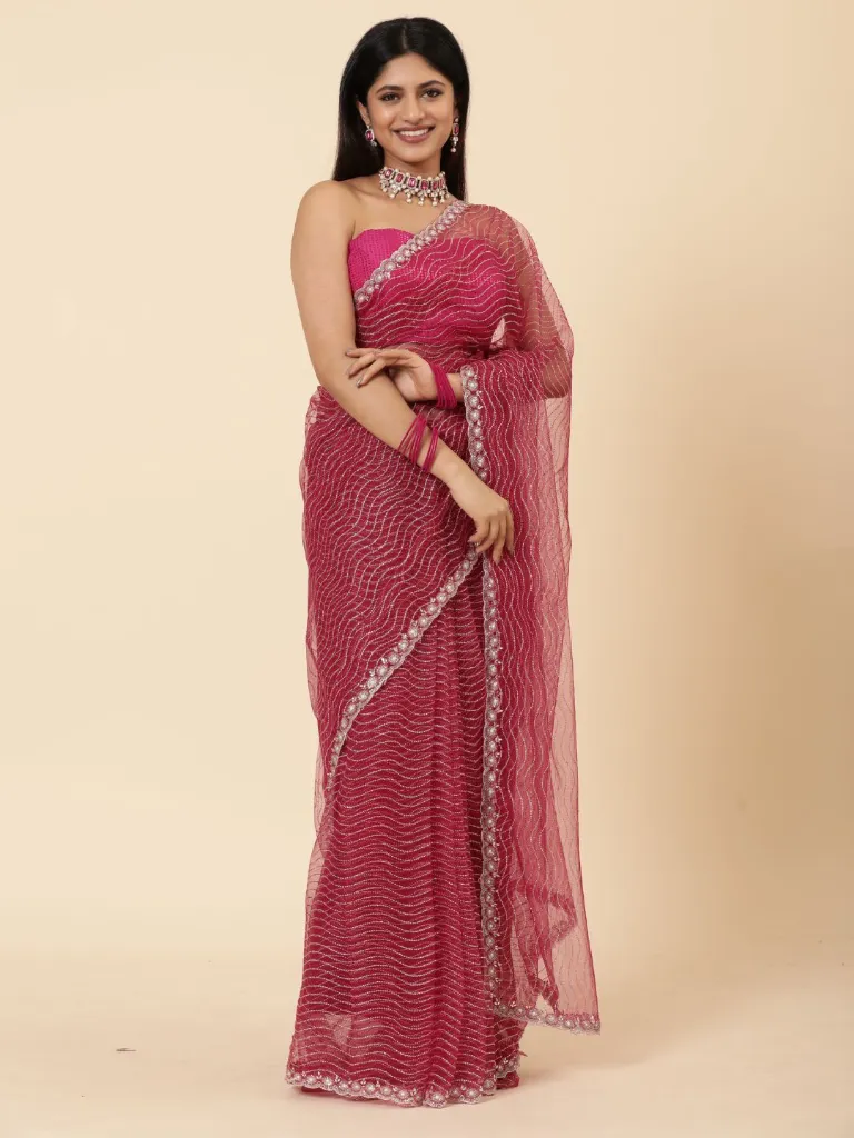 Vervee Couture Bright Rani Pink Net Saree | Zulf
