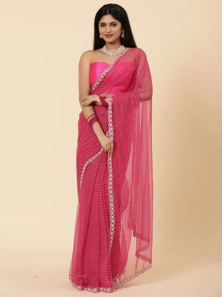 [VC26-ZULF-D22-12] Vervee Couture Strawberry Pink Net Saree | Zulf