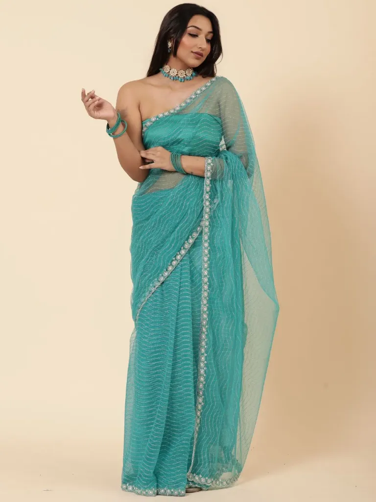 [VC26-ZULF-D22-14] Vervee Couture Blue Net Saree | Zulf
