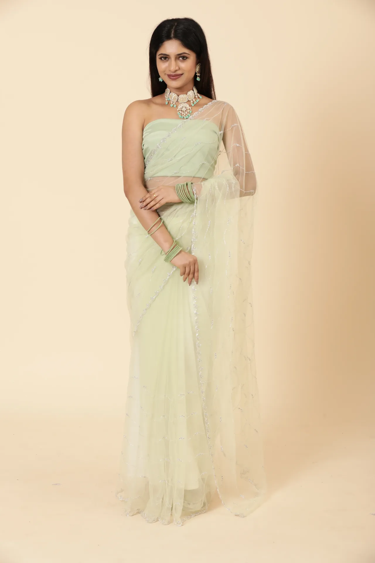 [VC26-ZEHAR-D24-01] Vervee CoutureLight Pista Green Net Saree | Zehar