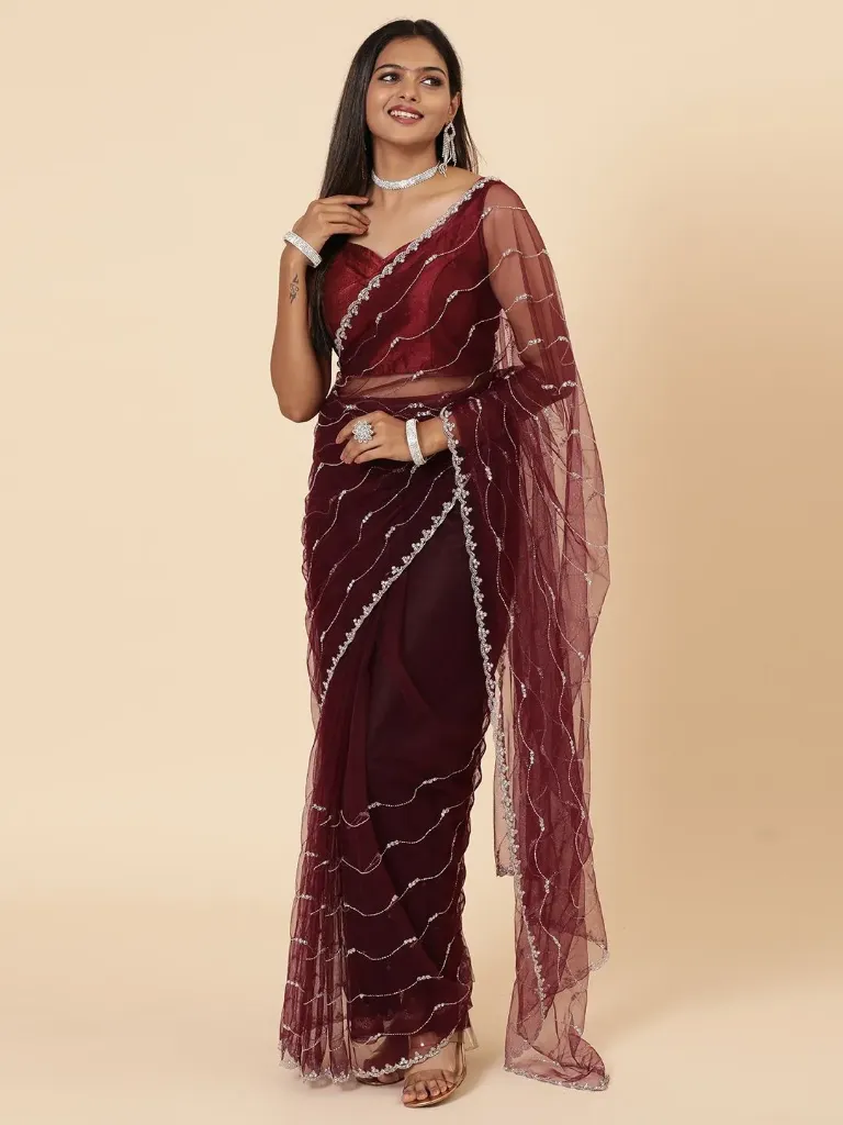 Vervee Couture Deep Grape Wine Purple Net Saree | Zehar