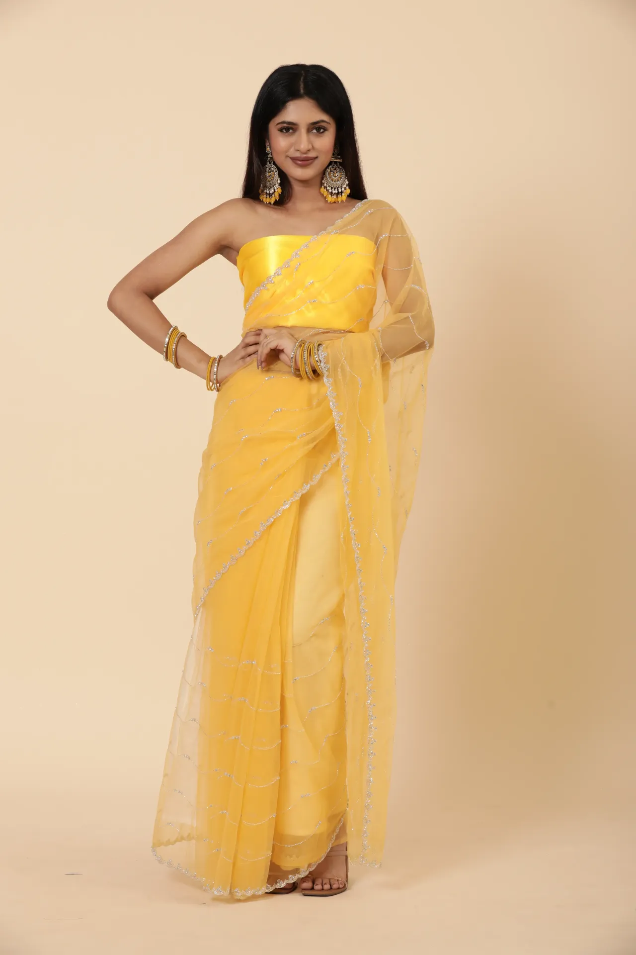 [VC26-ZEHAR-D24-03] Vervee Couture Yellow Net Saree | Zehar
