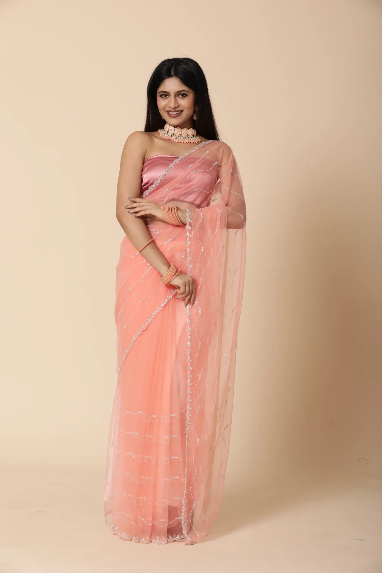 [VC26-ZEHAR-D24-04] Vervee Couture Salmon Net Saree | Zehar ZEHAR