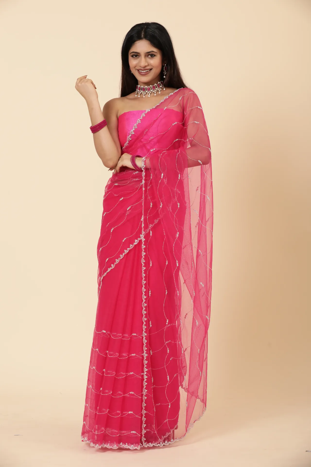 [VC26-ZEHAR-D24-05] Vervee Couture Magenta Pink Net Saree | Zehar