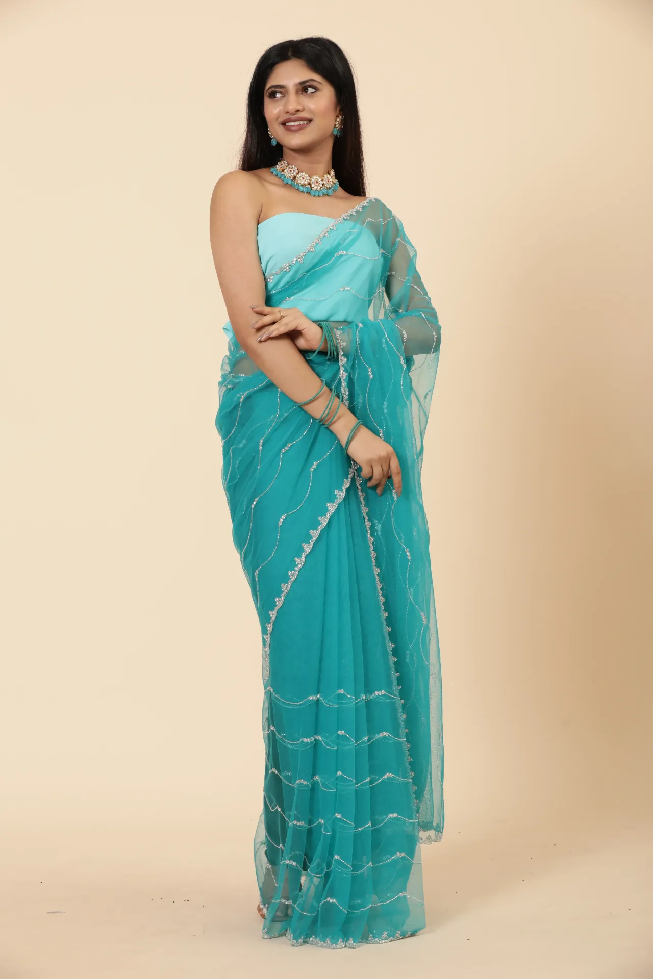 [VC26-ZEHAR-D24-06] Vervee Couture Cerulean Blue Net Saree | Zehar