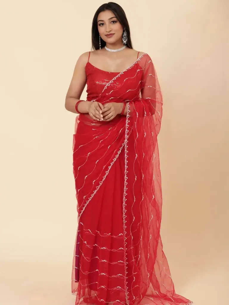 [VC26-ZEHAR-D24-07] Vervee Couture Scarlet Red Net Saree | Zehar