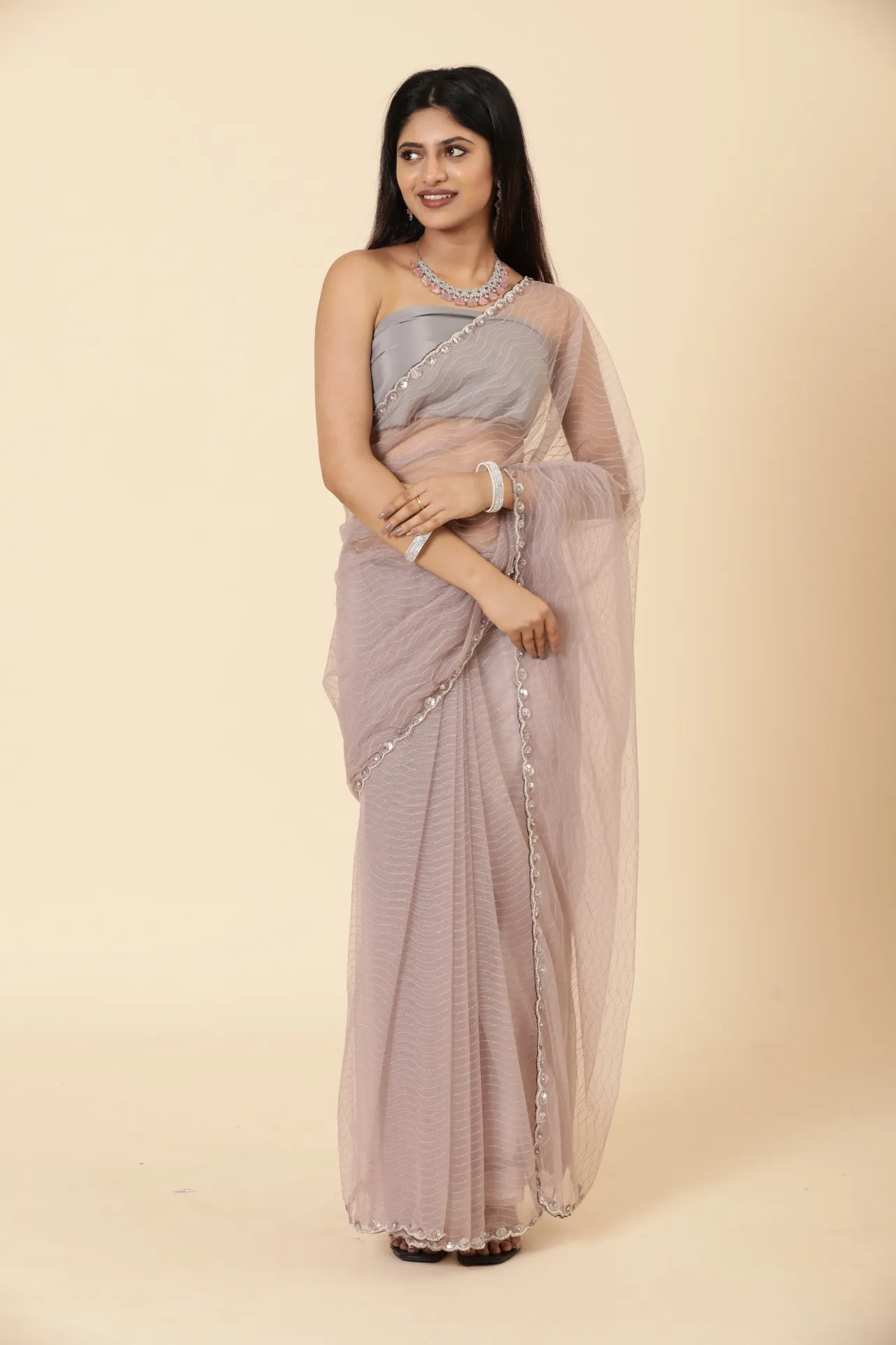 Vervee Couture Peach Net Saree |  Roza