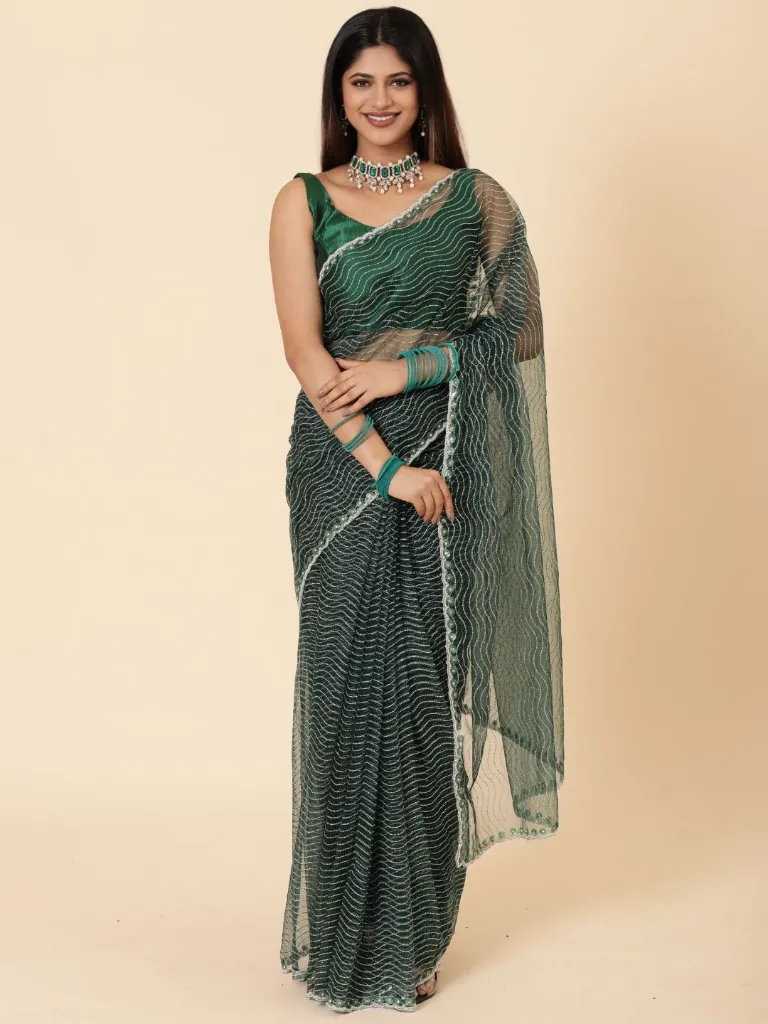 [VC26-ROZA-D25-08] Vervee Couture Bottle Green Net Saree |  Roza