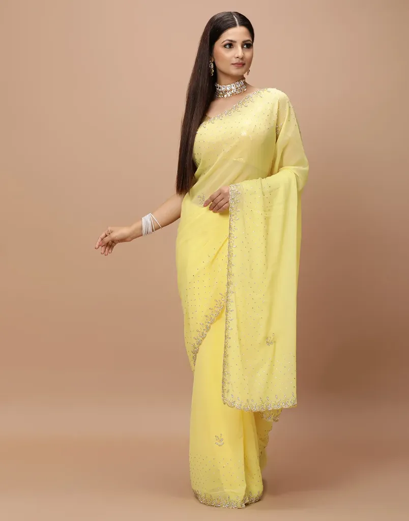 [VC26-NAZ-D01-05] Vervee Couture Pastel Yellow Georgette Saree | Naz