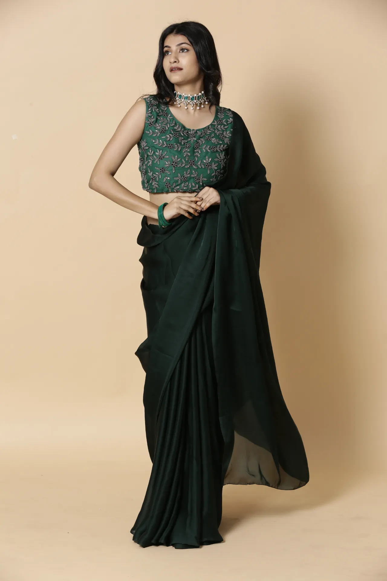 Vervee Couture Deep Emerald Green Saree with Designer Blouse | Aakriti