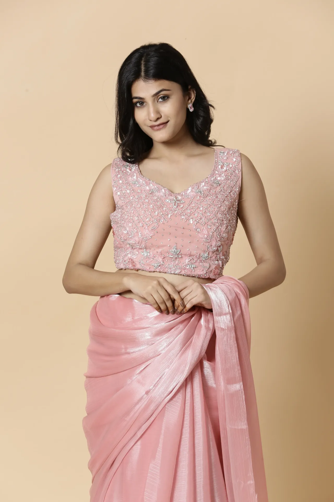 Vervee Couture Salmon Pink Saree with Designer Blouse | Aakriti