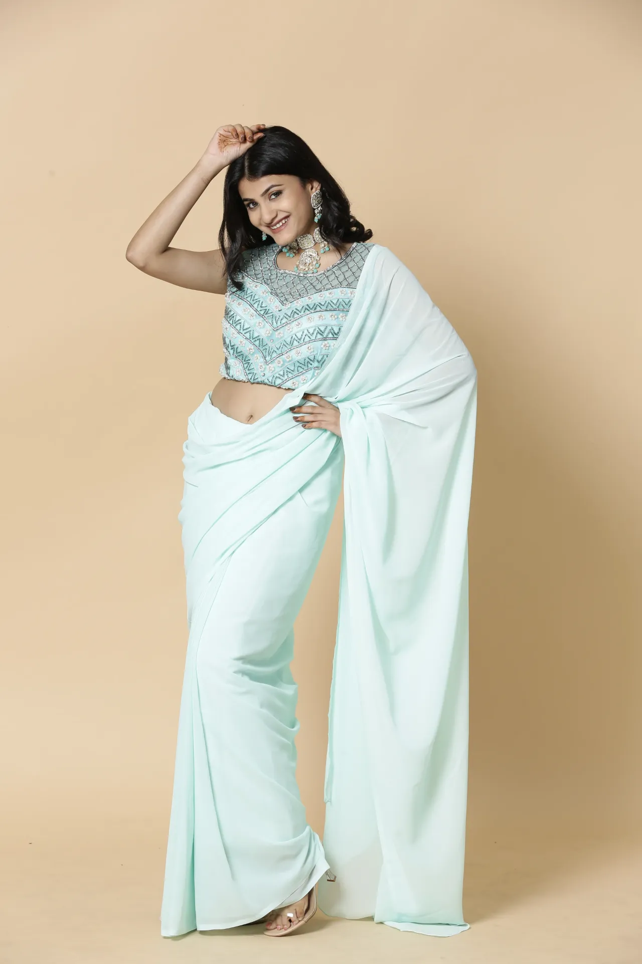 Vervee Couture Turquoise Saree with Designer Blouse