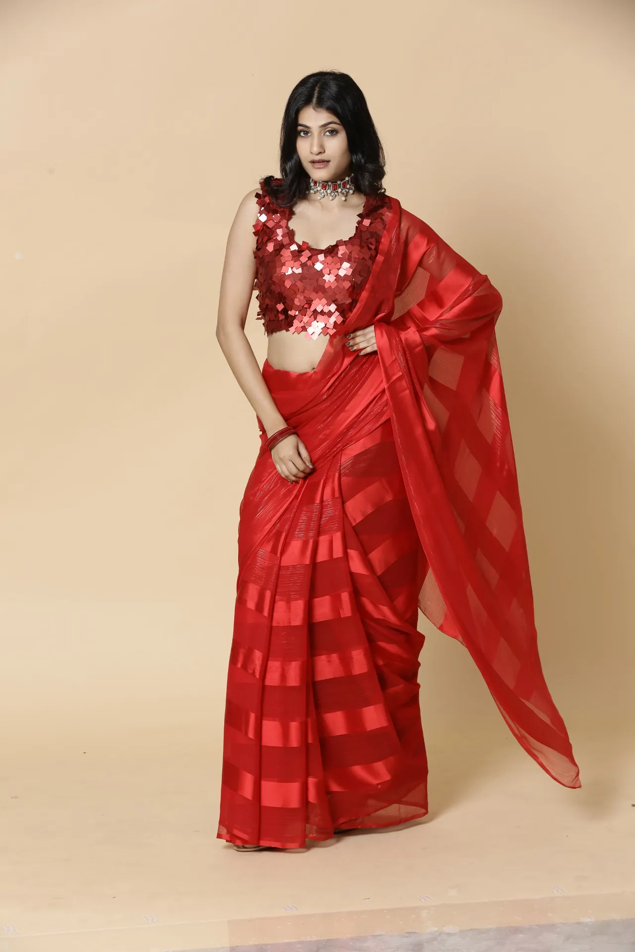 [VC26-AAKRITI-D100-68] Vervee Couture Red Saree with Designer Blouse | Aakriti