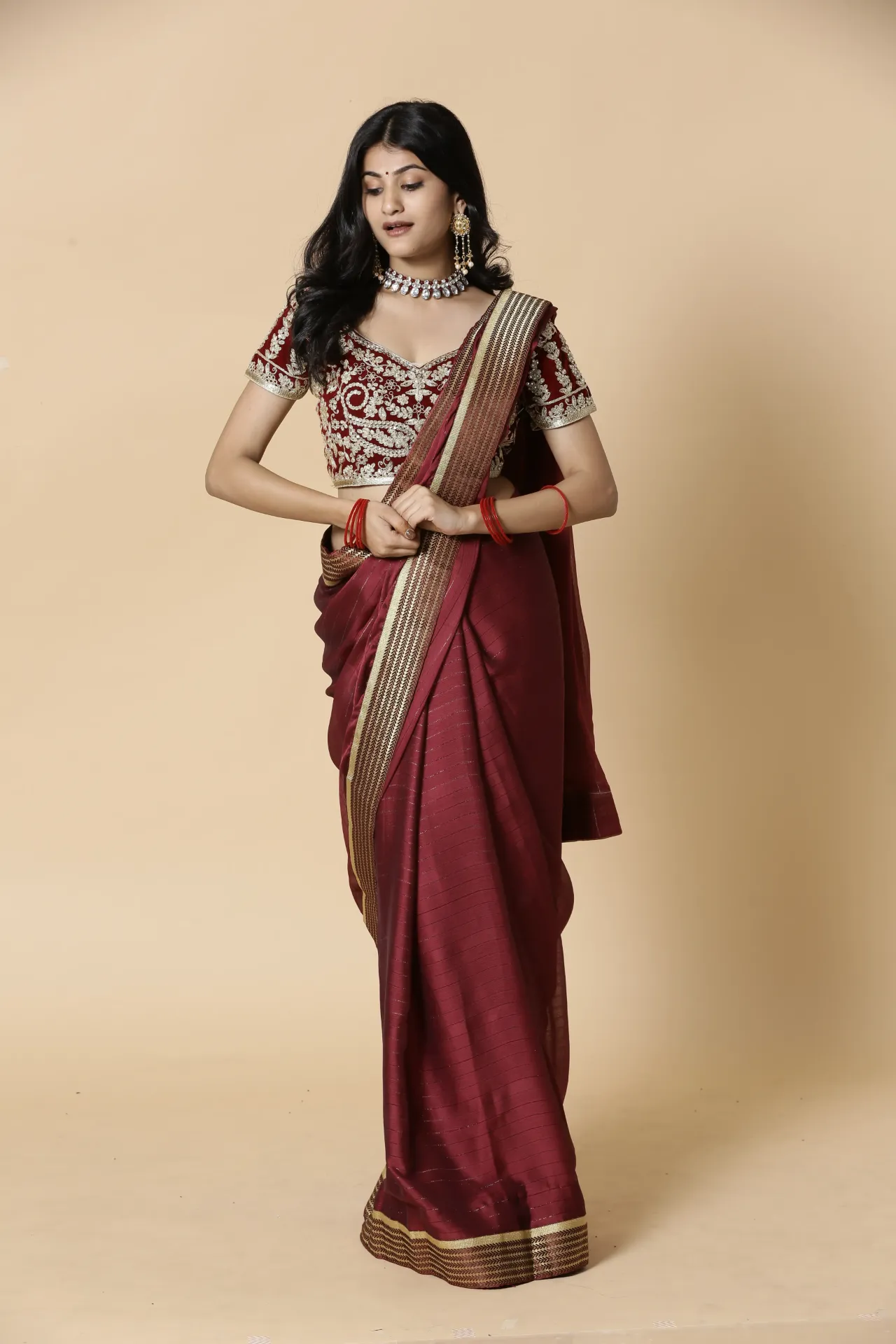 [VC26-AAKRITI-D100-43] Vervee Couture Maroon Saree with Designer Blouse | Aakriti