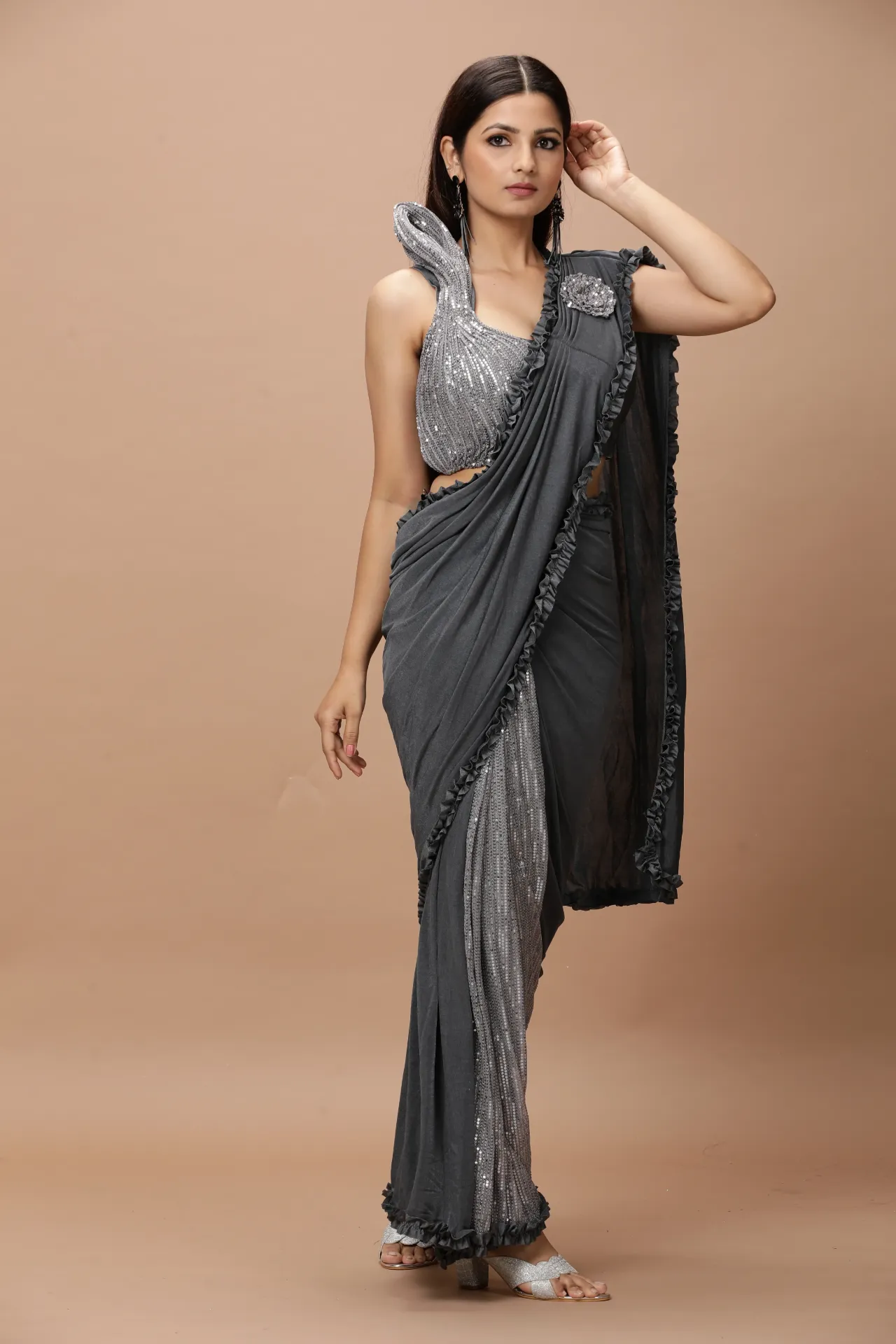 [VC26-AAKRITI-D100-29] Vervee Couture Charcoal Grey Sequinned Ready-to-Wear Designer Saree | Aakriti