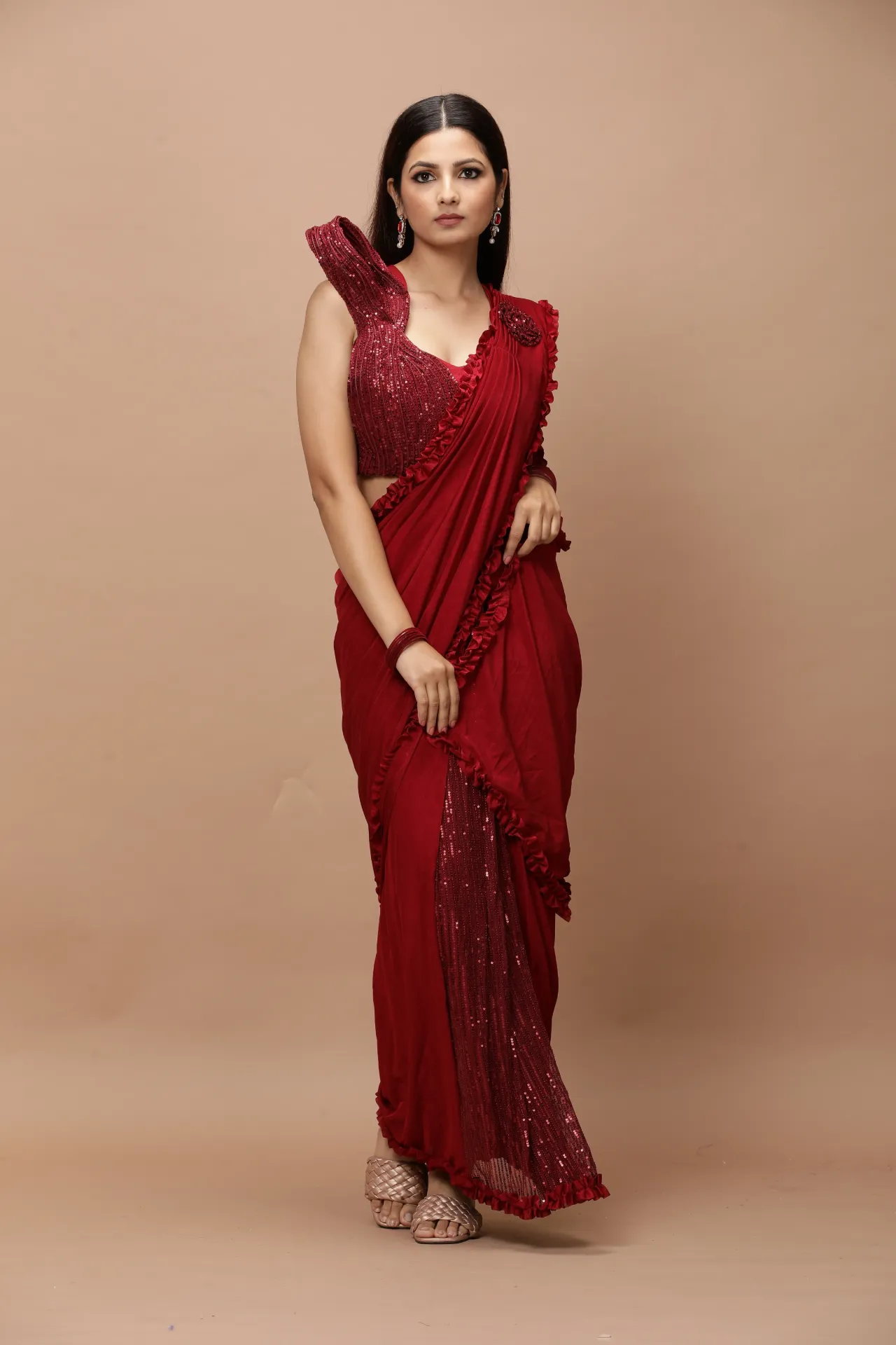 [VC26-AAKRITI-D100-72] Vervee Couture Red Sequinned Ready-to-Wear Designer Saree | Aakriti