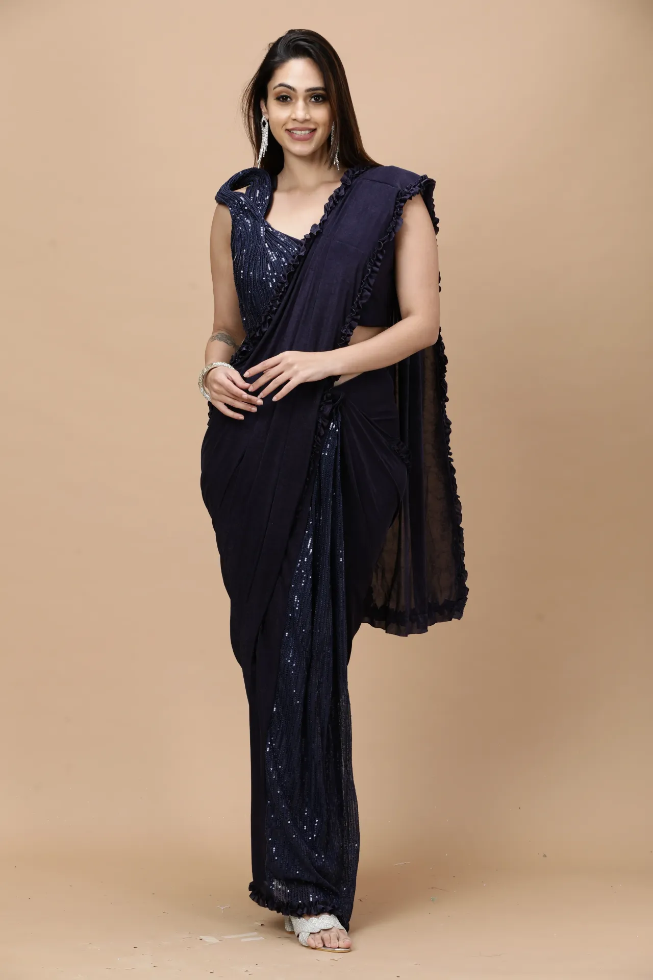Vervee Couture Navy Blue Sequinned Ready-to-Wear Designer Saree