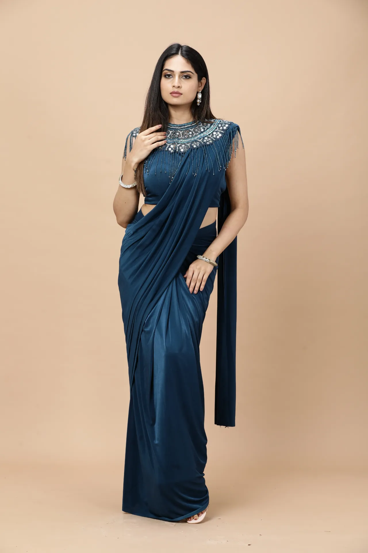Vervee Couture Teal Blue Cap Necklace Ready-to-Wear Designer Saree | Aakriti