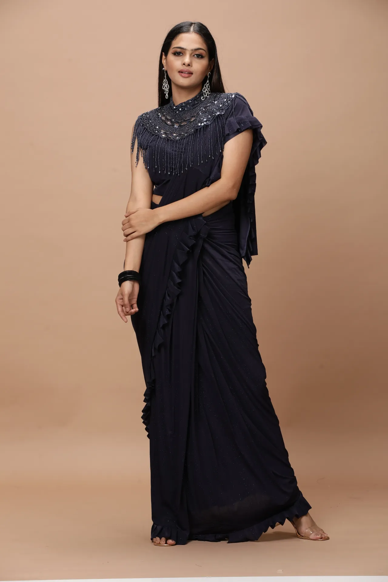 Vervee Couture Navy Blue Cape Necklace Ready-to-Wear Designer Saree | Aakriti